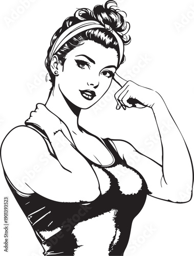 Woman in a pin up style pose with hand on face and headband looking confident and sassy in black and white
