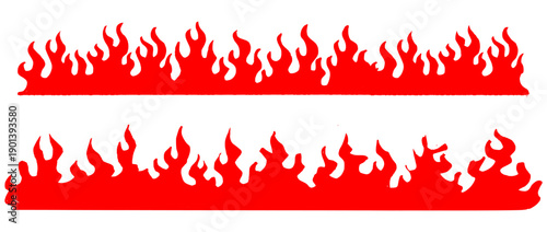 Red burning fire flame border set. Hand drawn sharp flame silhouette for automotive racing decals, spicy food menu, and hot sauce brand identity design.