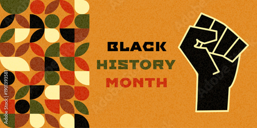 Black History Month Poster featuring a raised fist symbol, an African pattern, a textured background. Perfect for holiday, education, culture, unity, heritage designs. Vector illustration