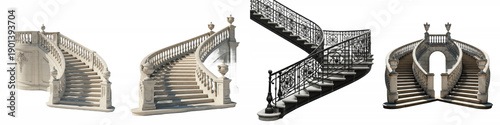 Tableau sur toile Set of elegant curved marble staircases with ornate balustrades, luxury spiral s