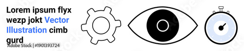 Business workflow, project management, precision, productivity, technology, vision. Gear, eye and stopwatch in simple black and white style. Business workflow and productivity concepts