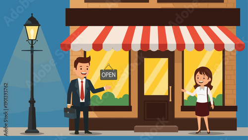 Man and woman in professional business clothes standing outside a storefront with an open sign during the night.