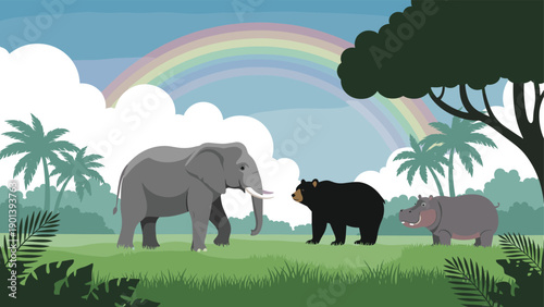 Large elephant black bear and grey hippo walking together in a grassy field with a colorful rainbow in the sky.