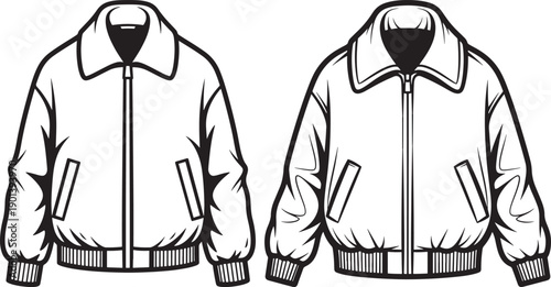 Line art illustration of two bomber jackets, front view, in a clean, minimalist style. One jacket is slightly more detailed than the other, showcasing a classic outerwear design.