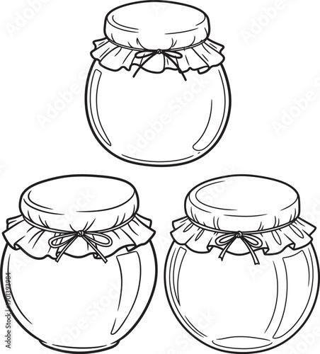 Set of three simple doodle drawings of glass jars with fabric lids tied with ribbon, ideal for canning, preserving, or decorative storage. Perfect for homemade goods and crafts.