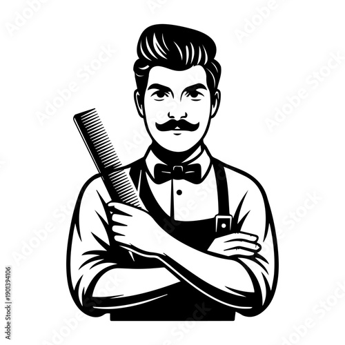 Professional Hair Cutting Master Icon, Barber Man Portrait, Black and White Vector