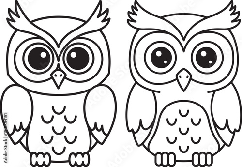 Cute, minimalist line art illustrations of two cartoon owls with big eyes, perfect for children's designs