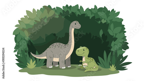 Brachiosaurus and Tyrannosaurus Rex explore a lush green jungle environment filled with prehistoric plants and bushes.