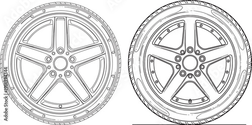 Detailed vector line art of two car wheels and tires, one angled, showing rim and tread design for automotive themes
