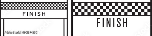 Simple black and white graphic illustration of two finish line banners with checkered flags and text.