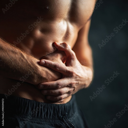 Person holding stomach with abdominal pain. AI generated image
