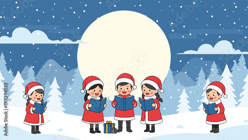 Group of young Christmas carollers in red outfits sing from songbooks under a large full moon in the snow.