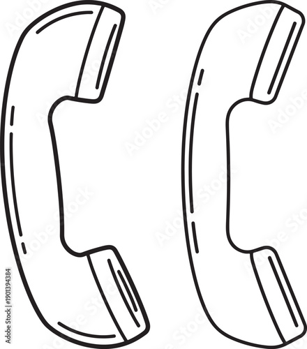 Two retro telephone handset icons in black and white outline drawing, representing communication.