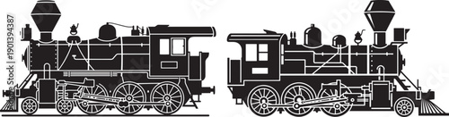 Detailed black and white line art illustration of two classic steam locomotives, side view.