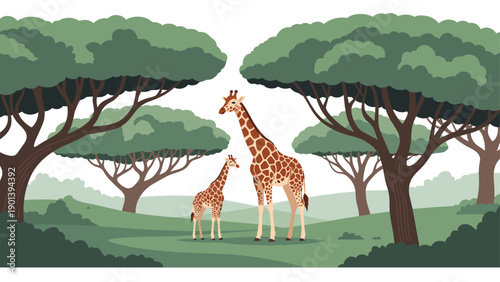 Tall adult giraffe stands with its young baby in a peaceful African savanna landscape dotted with acacia trees.