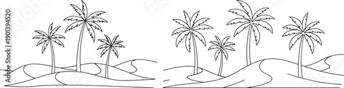 Simple black and white line drawing of a desert landscape with rolling sand dunes and palm trees.