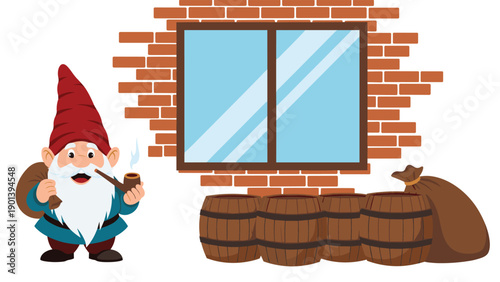 Garden gnome with a long white beard and red hat smokes a pipe next to wooden barrels and a brick wall.
