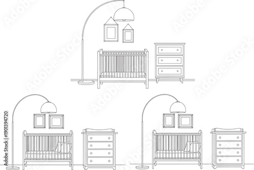Nursery room setup featuring a crib, changing table, and chest of drawers illuminated by a modern floor lamp, with framed pictures on the wall, perfect for baby room design.