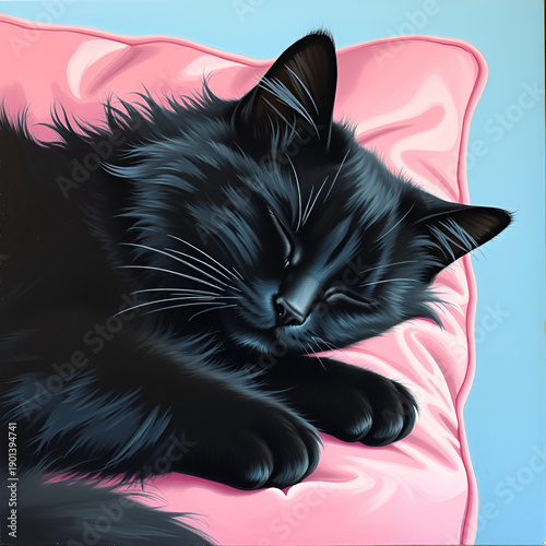 black cat sleeping on pink pillow illustration 
