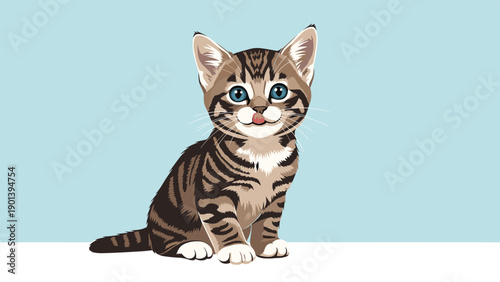 Small tabby kitten sits and licks its nose with a curious expression against a soft blue and white background.