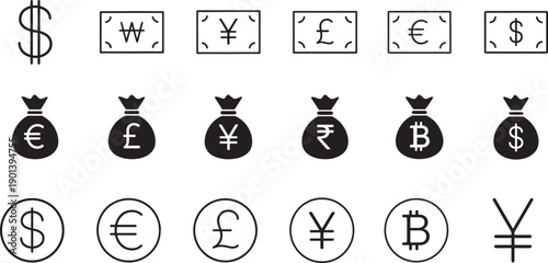 Currency web icons set with global money symbols, exchange, finance, banking and payment icons