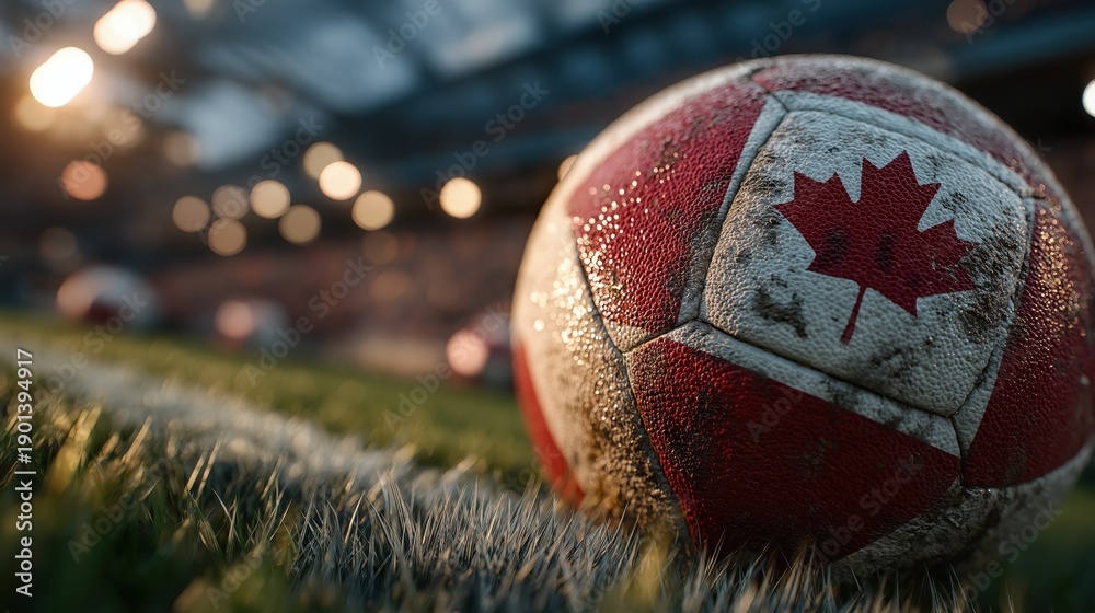 Fototapeta premium Close up of dirty soccer ball with Red Maple Leaf Canada flag texture on grass field at night stadium. Canadian national football team, North America 2026 World Cup host concept
