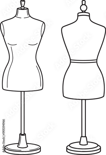 Front and back view of a tailor's dummy or mannequin, an outline illustration for fashion design and retail.