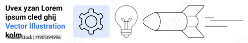 Gear, lightbulb, and rocket symbolize teamwork, ideas, and innovation. Ideal for technology, strategy, business startup progress creativity success. Perfect for a simple landing page