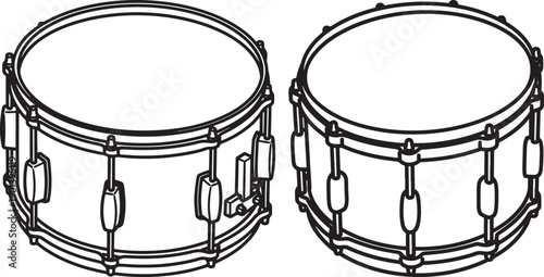 Two snare drums in outline style, a musical instrument illustration for percussion, bands, and rhythm themes.