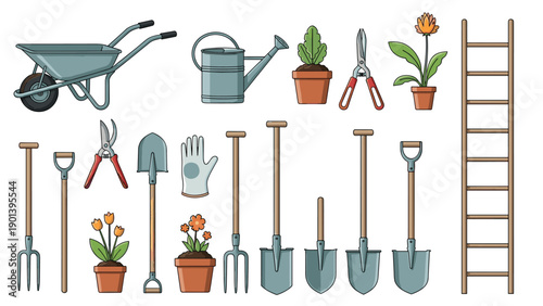 Wide variety of gardening tools and equipment like shovels gloves wheelbarrows and potted flowers are displayed.