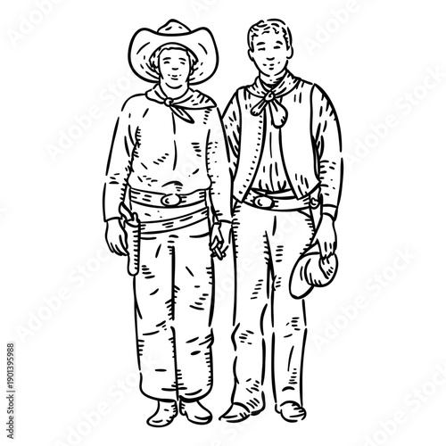 Cowboys standing hand drawn