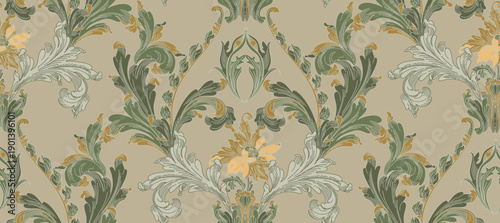  Pattern of flowers and leaves with elements of gothic ornament in vintage style