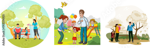 Happy Family Picnic in Park Vector Illustration Parents and Children Playing on Sunny Summer Day for Lifestyle Marketing