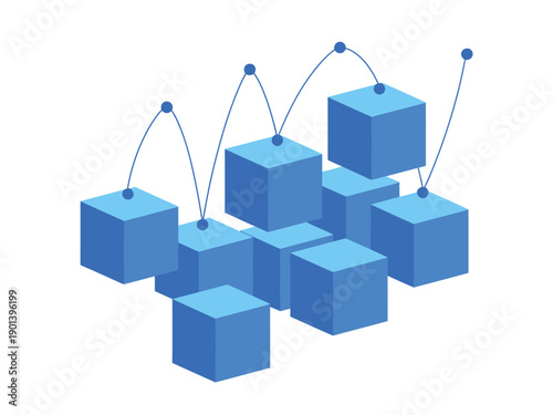 A 3D illustration of connected blue cubes on a white background representing network and technology