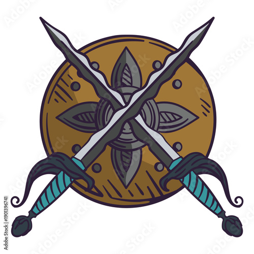 Round wooden shield with swords color stroke