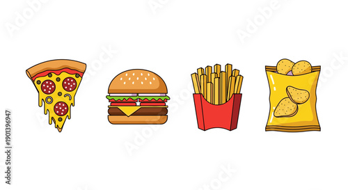 Colorful illustration of various fast food items on white background