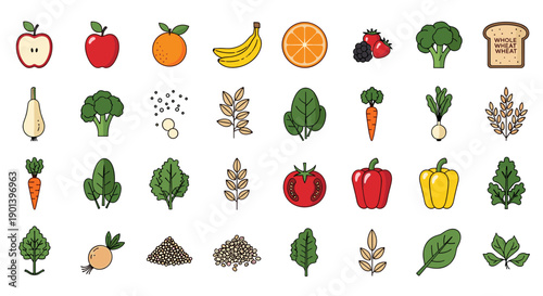 Colorful illustrations of various fruits and vegetables isolated on white background