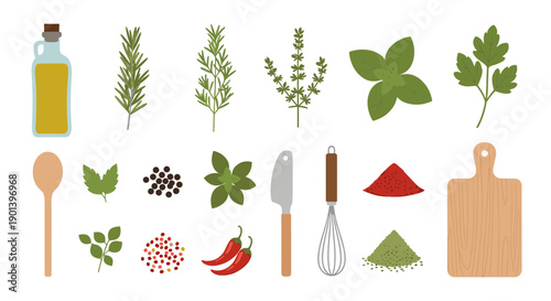 Collection of various herbs and kitchen utensils on white background for cooking