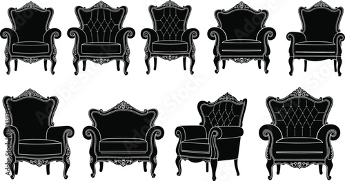 Black silhouette vector illustration of ten ornate armchairs with tufted upholstery, carved frames, and vintage design details, symbolizing luxury, antique furniture, and interior decor concepts.