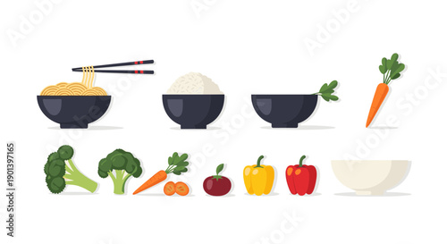 A variety of colorful vegetables and bowls of food on a white surface