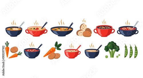 Variety of steaming bowls of soup with vegetables on white background