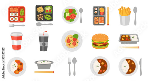 A variety of food and drink icons on a white background with utensils