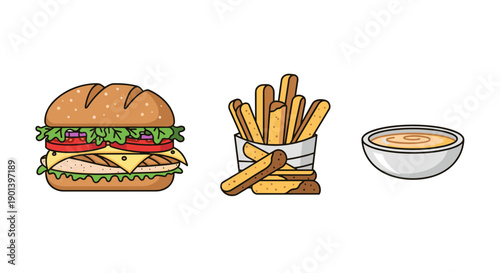 Cartoon illustration of a burger, fries, and a bowl of sauce on white background