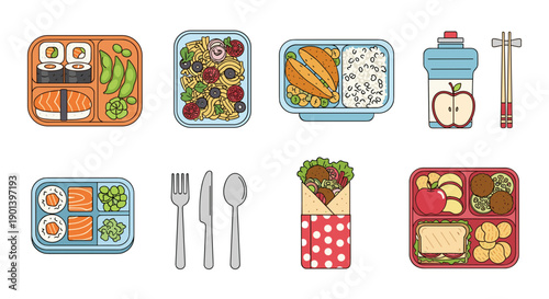 Colorful illustrations of various food and meal icons on white background