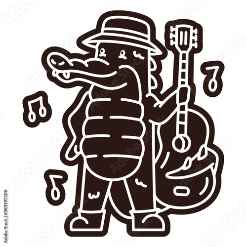 Cute alligator guitar player cartoon cut out