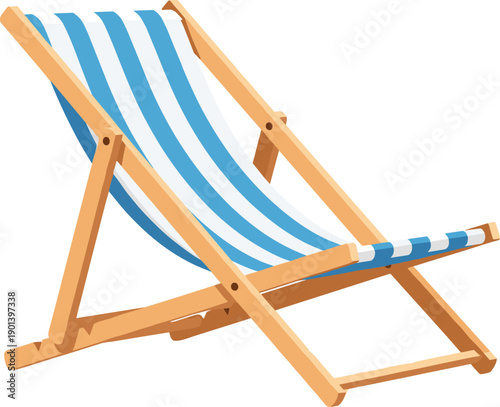Vector illustration of foldable wooden deck chair with striped fabric in light blue, dark blue, and white, symbolizing outdoor leisure, vacation, and summer relaxation concepts.