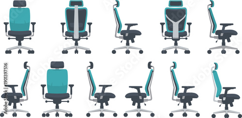 Vector illustration of ergonomic office chair in ten views including front, back, side, and angled perspectives, featuring teal cushion, headrest, armrests, and five‑wheel base.