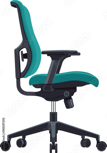 Vector illustration of modern ergonomic office chair with teal cushioned seat, contoured backrest, lumbar support, adjustable armrests, and five‑wheel base for workspace design concepts.
