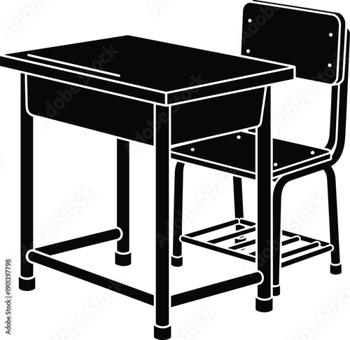 Black silhouette vector illustration of traditional school desk and chair with storage compartment, footrest, and rectangular  