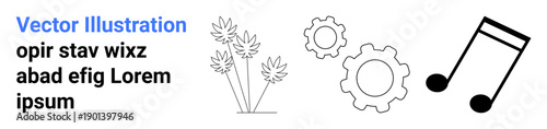 creativity, innovation, nature, technical processes, music, abstract design. Icons include musical notes, plant elements and gear shapes. Creativity and innovation concept